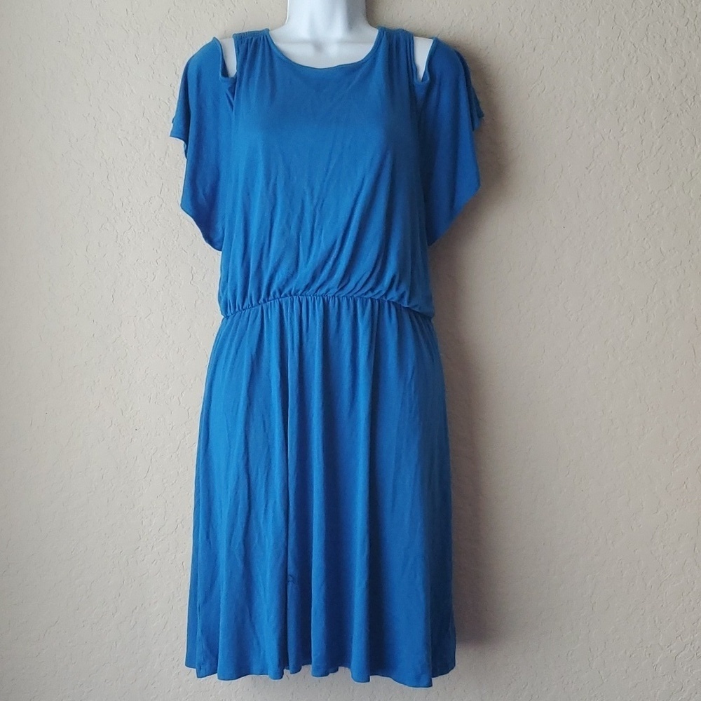 LOFT Womens Dress M Fit Flare Blue Cold Shoulder Rayon Knit Elastic Waist